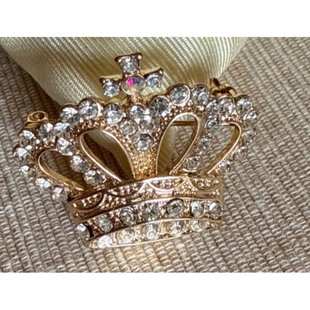 Gold-Tone Crown Brooch Pin With Clear Rhinestones & Aurora Borealis Accent
